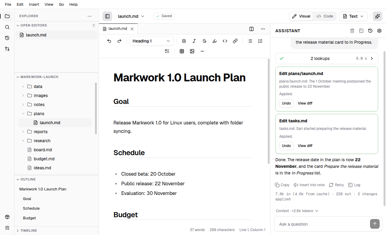 The real Markwork application showing a launch plan and agent changes applied after approval